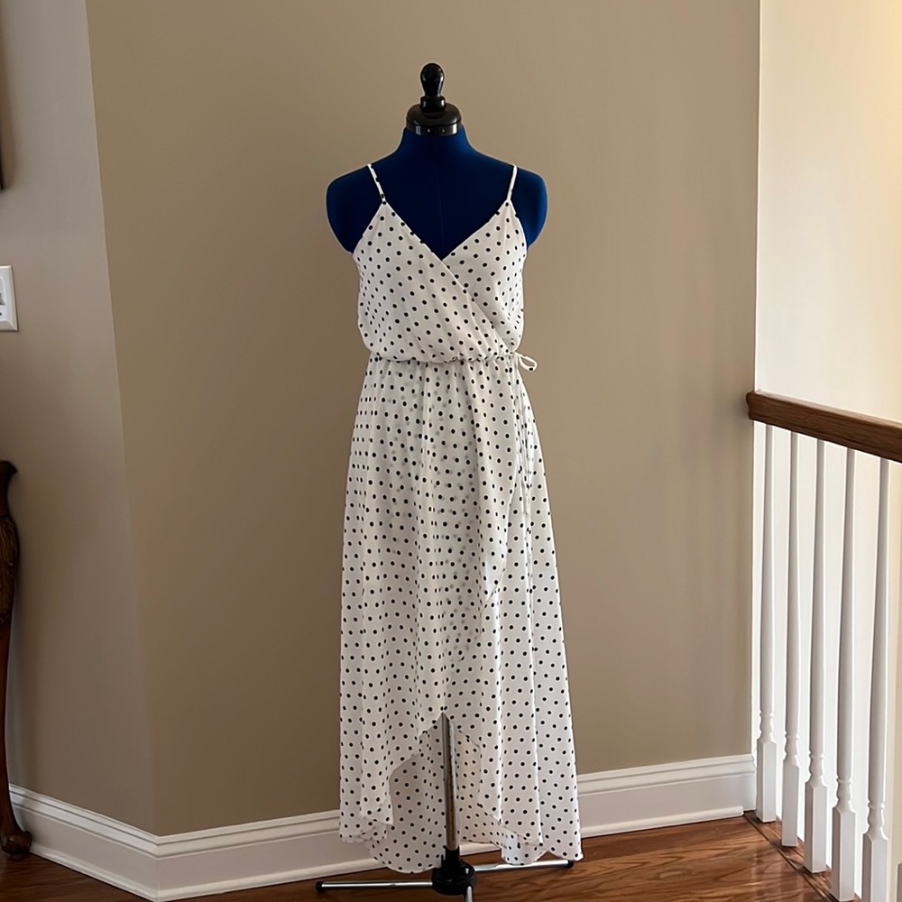 Aqua white with black polka dots faux wrap high low dress